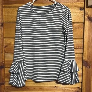 Dark Grey and White Striped Bell Sleeve Top